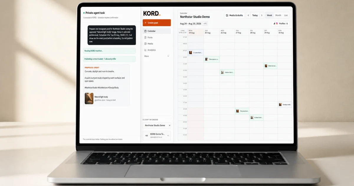 KORD agent workflow and publishing calendar displayed on a MacBook